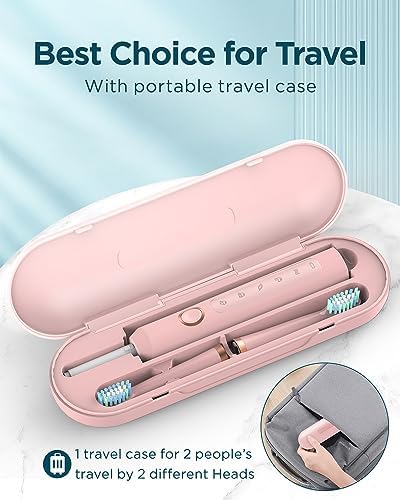 Rtauys M5 Sonic Electric Toothbrush for Adults and Kids - Rechargeable Electric Toothbrush Kids Ages 12+ and Adults with 8 Brush Heads & Travel Case, 120 Days Battery Life - Pink