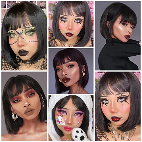 WERD Black Short Bob Wig,Straight Black Bob Wig with bangs, 10 inch Straight Bob Bangs Wig for Women Natural Looking for Daily Use