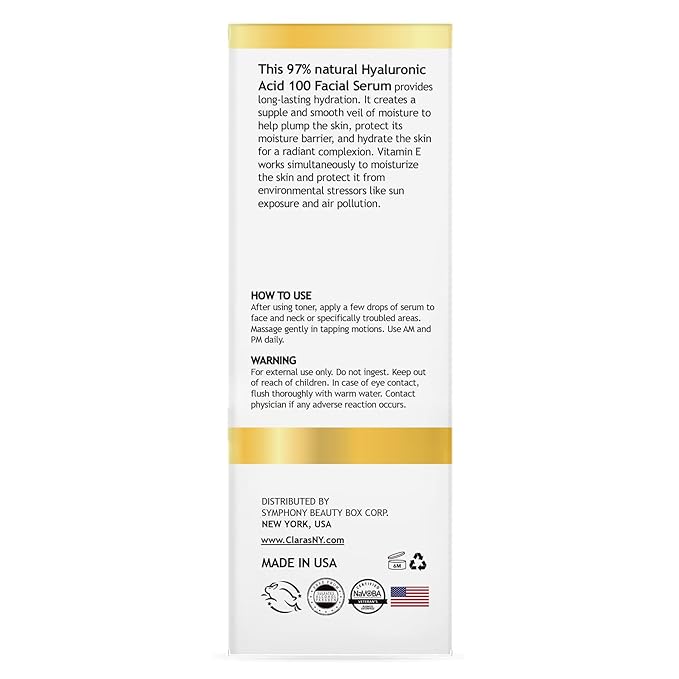 CLARA'S NEW YORK Glycolic Acid Facial Serum with Vitamin E for Exfoliating Smoothing Glowing Face Skin - Made in USA 30ml (1Fl/Oz) (Hyaluronic Acid 100)