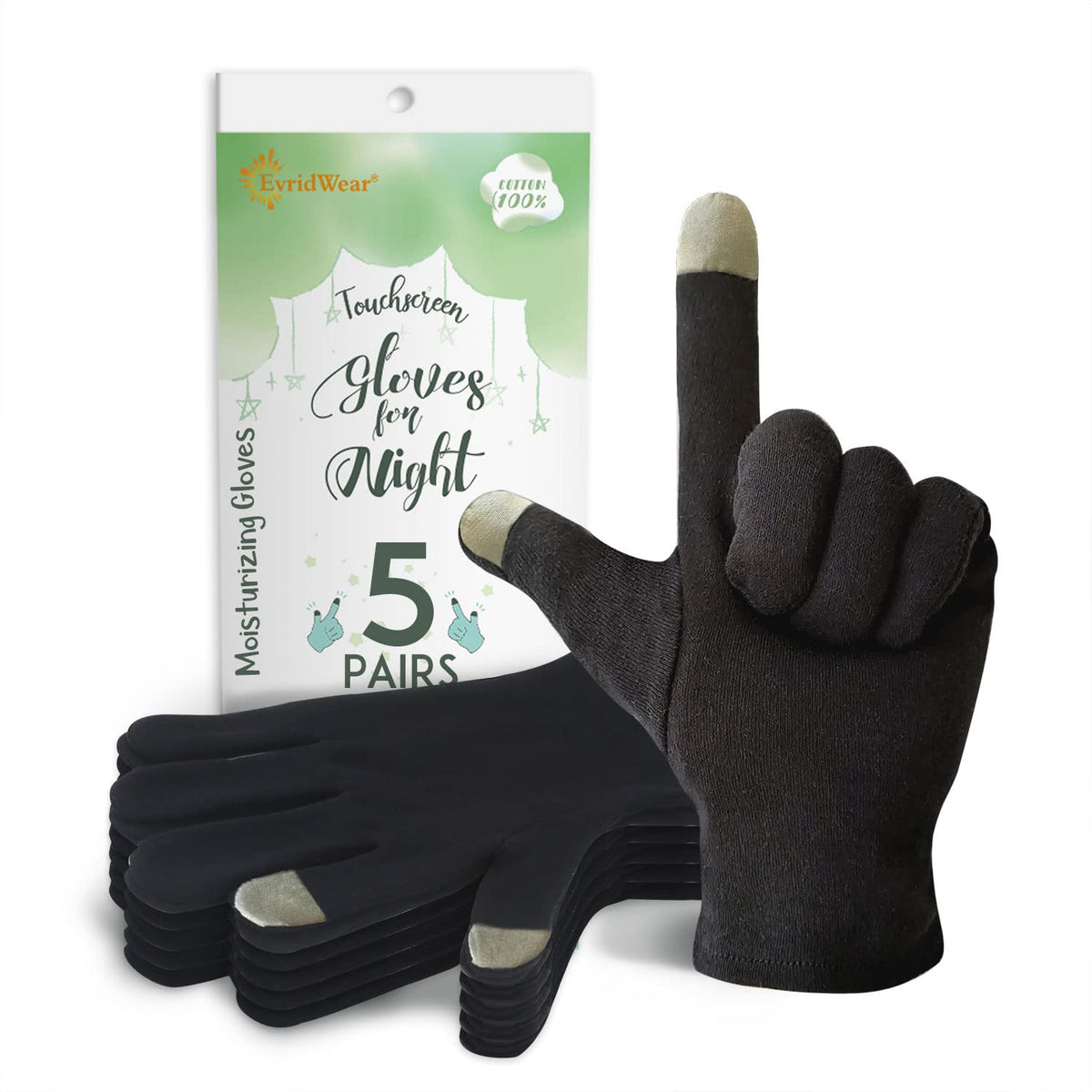 Evridwear 100% Cotton Touchscreen Moisturizing Beauty Gloves with Elastic Cuff, Natural Cosmetic Therapy Gloves for Eczema SPA Dry Hands Care Overnight (Black, Medium) 5 Pairs