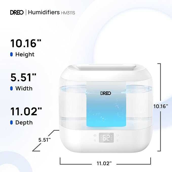 Dreo Smart Humidifier, Cool Mist Humidifiers for Bedroom, Quiet 4L Top Fill Ultrasonic Humidifiers for Home Office Plant & Baby with Nightlight, LED Display, 32H Runtime, APP/Voice Control, HM311S