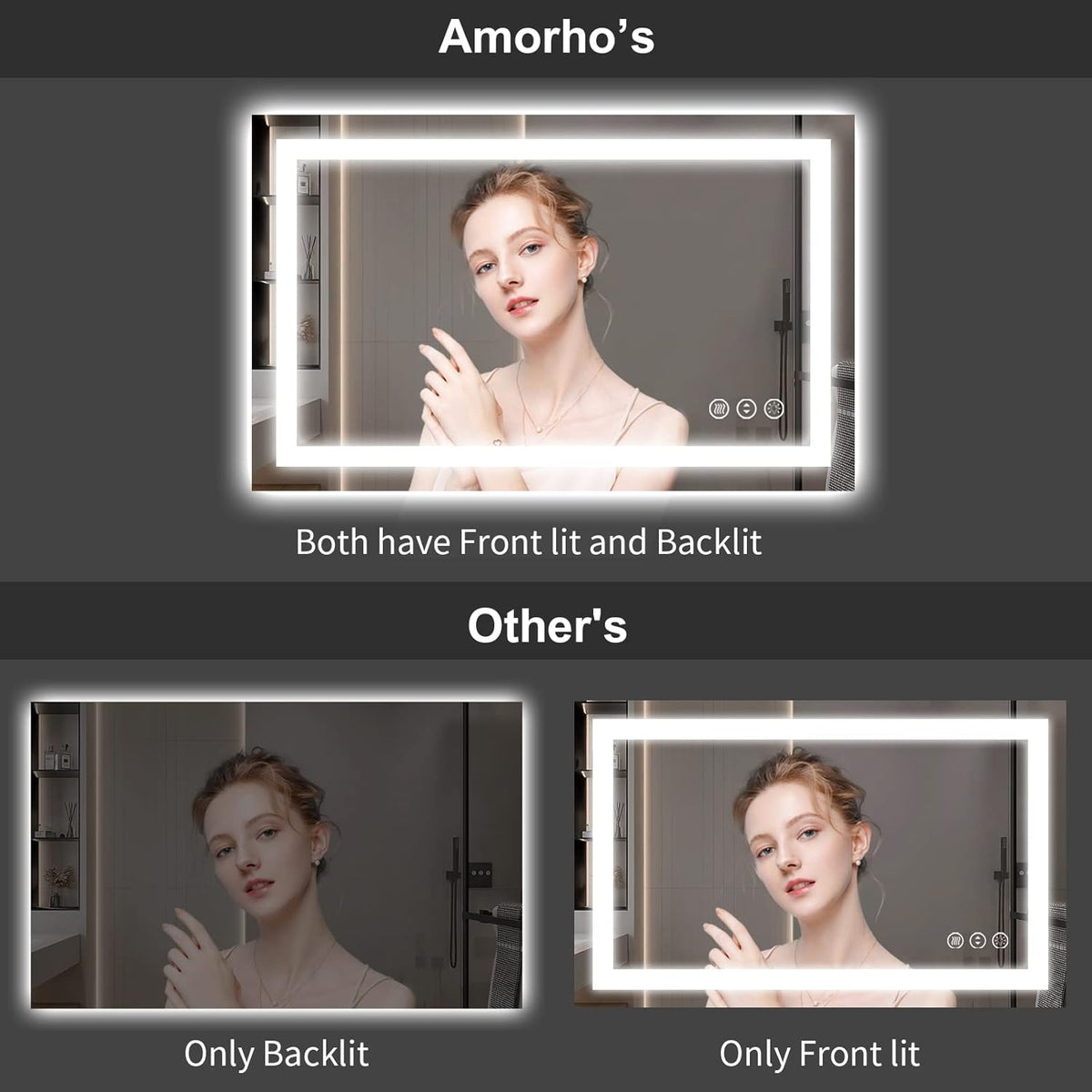 Amorho LED Bathroom Mirror 38'' X38'' with Front and Backlit, Stepless Dimmable Wall Mirrors with Anti-Fog, Shatter-Proof, Memory, 3 Colors, Double LED Vanity Mirror