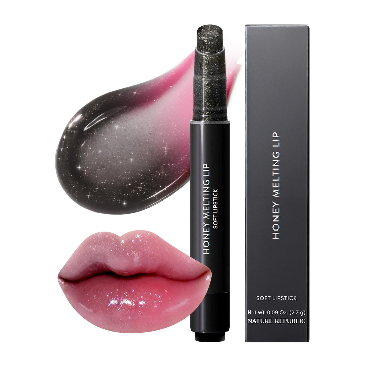 Nature Republic HONEY MELTING LIP GLITTER & PLUMPING (16 MIDNIGHT SPARKLE) SOFT LIP STICK Moisturizing jelly Gloss,Volumizing formula, Color changing Sheer tint, Shine Glimmer Finish, korean make up
