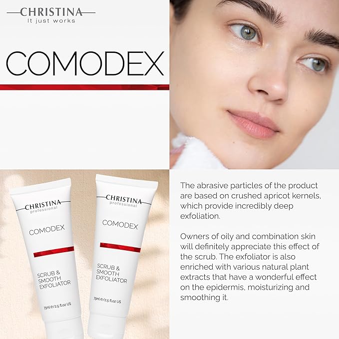 Christina Comodex Scrub & Smooth Face Exfoliator | Fights Oiliness, Visible Pores and Dark Spots | Exfoliate for face Removes Dirt and Oil Residue | Even-Toned Skin Effect 75ml