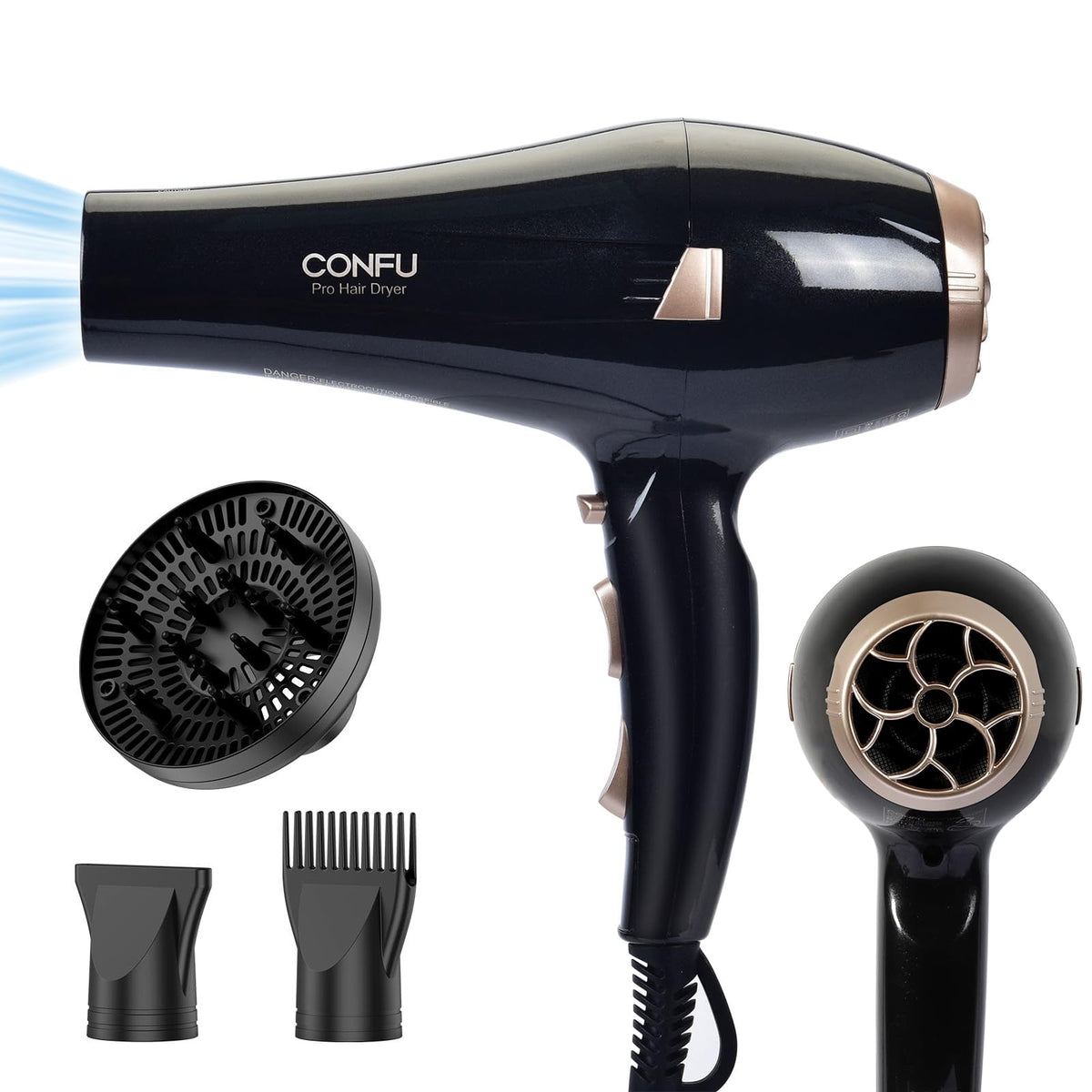 CONFU Hair Dryer, Professional Ionic Salon Blow Dryer with Diffuser for Women and Men, 5X Fast Drying, Powerful and Quiet Hair Blow Dryer for Fast & Easy Styling (1875 Watts)