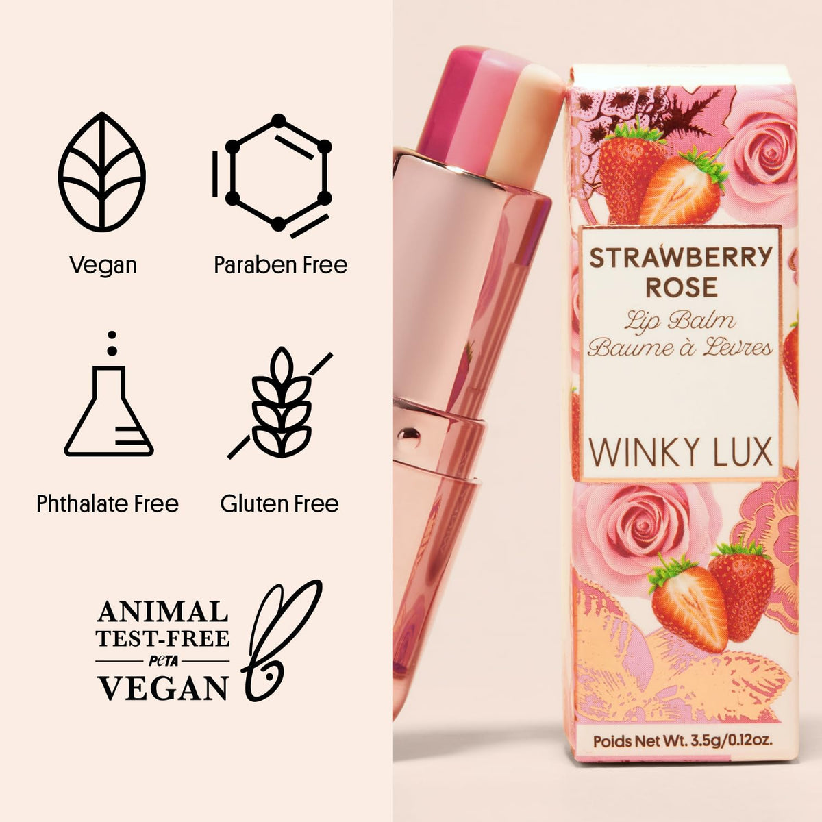 Winky Lux Strawberry Rose Tri-Color Tinted Lip Balm – Hydrating Lip Balm, Sheer Pink Tint, Lip Care with Jojoba Oil & Vitamin E, Moisturizes & Softens Dry Lips, Buttery Soft with Strawberry Rose Scent