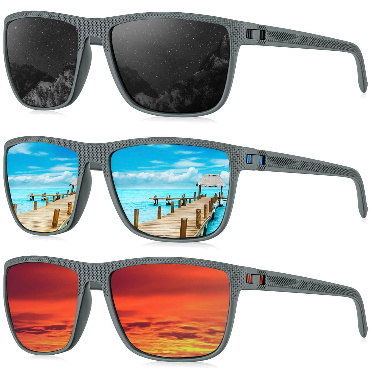 KALIYADI Polarized Sunglasses Men, Lightweight Mens Sunglasses Polarized UV Protection Driving Fishing Golf (Frame Grey|Lens Black/Ice Blue/Red)