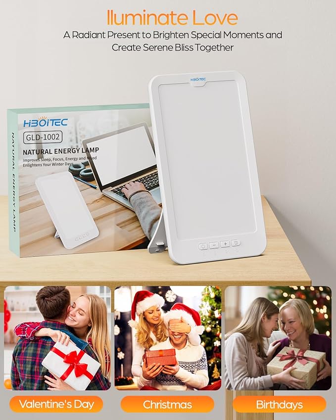 HIBOITEC Light Therapy Lamp, 10000 Lux Therapy Light, Sun Light Therapy Lamp with 3 Color Temperature & 5 Adjustable Brightness & 4 Timing & Memory Function, Portable Light Therapy Box for Home/Office