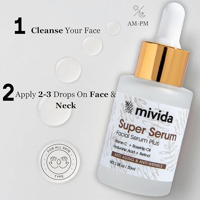 mivida 4-in-1 Anti-Aging Serum for face | Retinol, Vitamin C, Hyaluronic Acid & RoseHip Oil | Reduces Fine Lines, Wrinkles | multi benefit Face Super Serum โ 1 Fl Oz