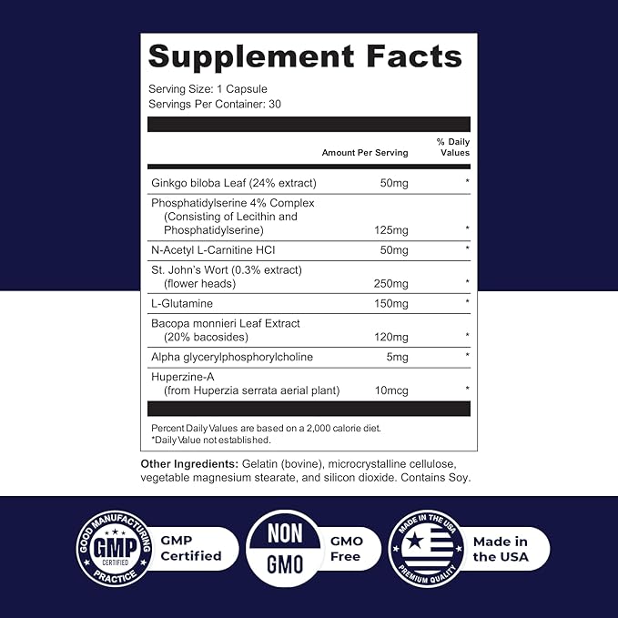 MemoForce - Natural Supplement with Ginkgo Biloba, Bacopa Monnieri for Brain & Memory Support | Non-GMO, Stimulant-Fre | Made in The USA, GMP-Certified | 30 Capsules - 3 Month Supply