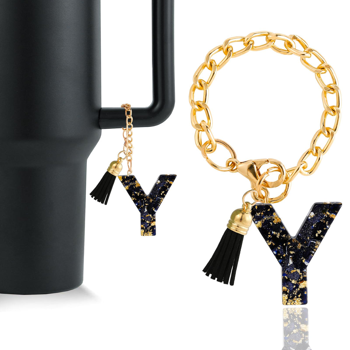 Letter Charm Accessories for Stanley Cup 1 PCS Cute Initial Keychain Handle Charm for Stanley Tumbler for Women Black Letter Y
