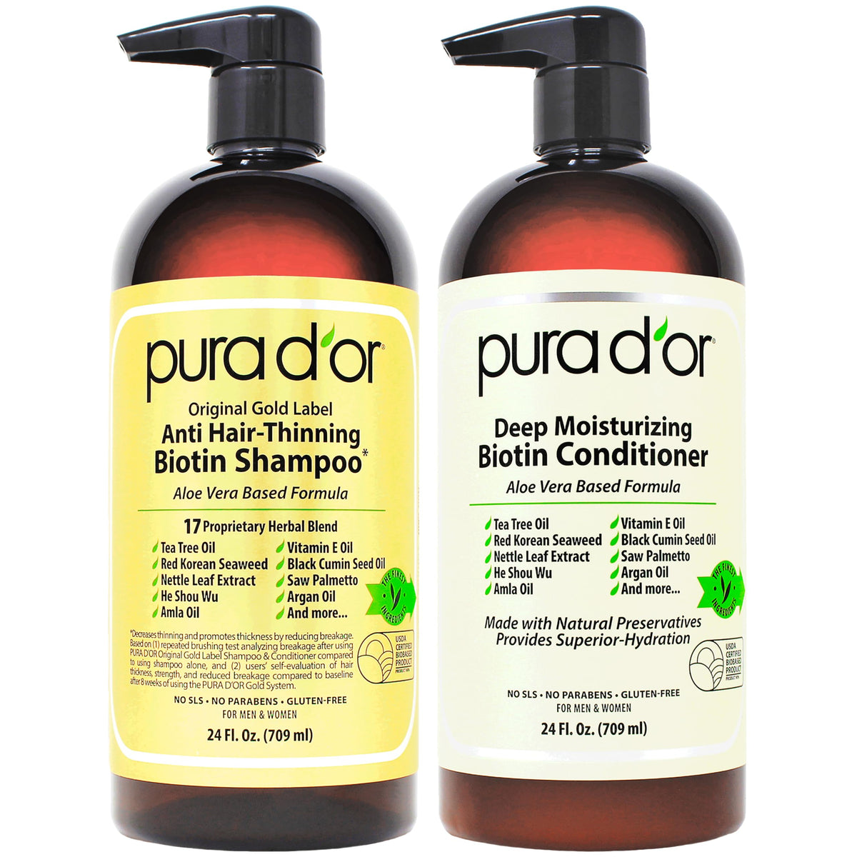 PURA D'OR Anti-Thinning Biotin Shampoo & Deep Moisturizing Conditioner Original Gold Label Set (24oz x2) Natural Earthy Scent, CLINICALLY TESTED Effective Results, DHT Blocker Thickening, Women & Men