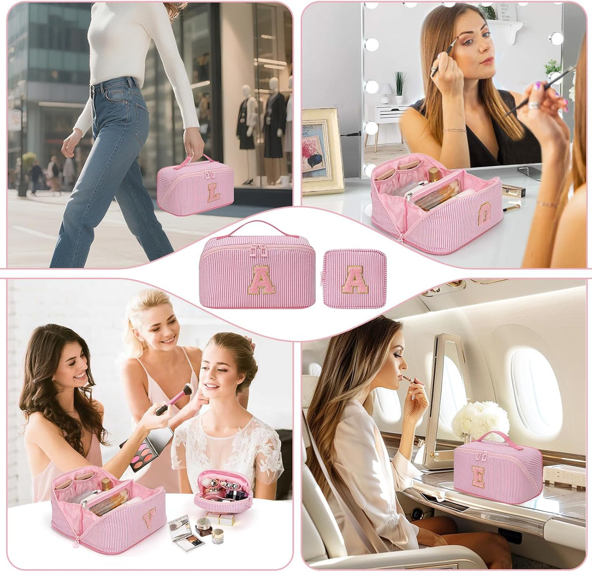 Travel Makeup Bag for Women, 2Pcs Portable Personalized Initial Makeup Organizer Bag, Open Flat Large Cosmetic Bag With Travel Essential Pouch (Pink Letter X)