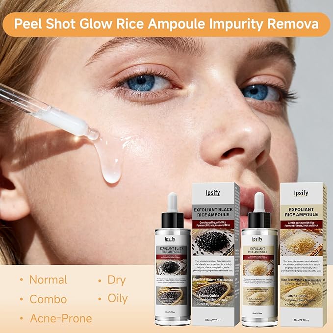 Peel Shot Glow Rice Ampoule, Black and White Rice Exfoliant for Face and Body, Rice Exfoliator for Faces Dead Skin Cells Remover, Face Peel Shot Serum for Softens Cuticle, 80ML (White Rice)