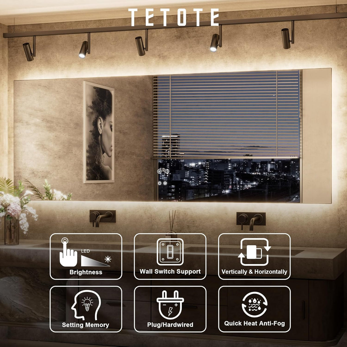 TETOTE 48 x 36 Inch LED Backlit Bathroom Mirror with Lights, 3Color White/Warm/Natural, Anti-Fog Lighted Mirror,Dimmable,Vanity Mirror,Wall Mounted