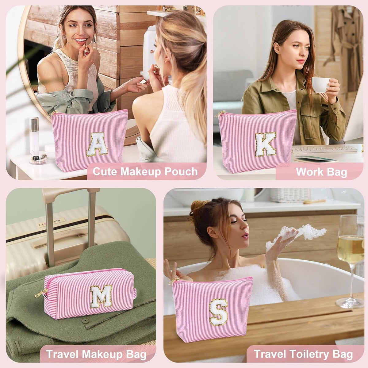 YOOLIFE Initial Makeup Bag for Girls, Travel Cosmetic Bag with Small Makeup Brush Bag Cute Makeup Bag Toiletry Travel Bag Personalized Wife Friend Gifts Makeup Birthday Gifts for Women Her Pink R