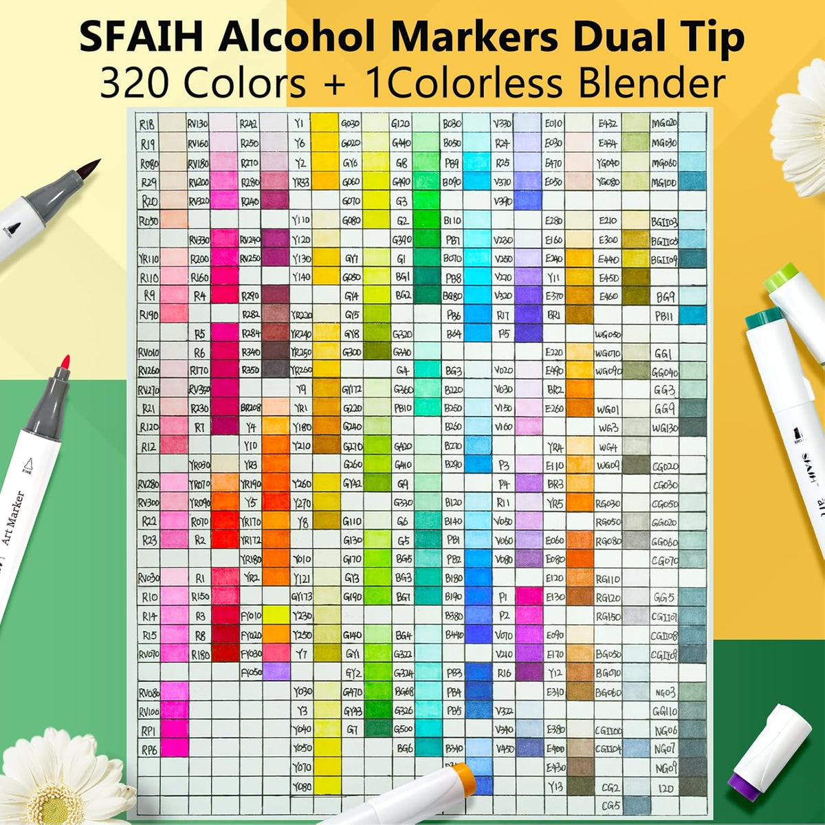SFAIH Alcohol Markers Brush & Chisel Tip 321 Set - Dual Tip Professional Artist Markers for Adult Coloring Books, Illustration, Manga, Animation, Architecture Sketching - Refillable Ink