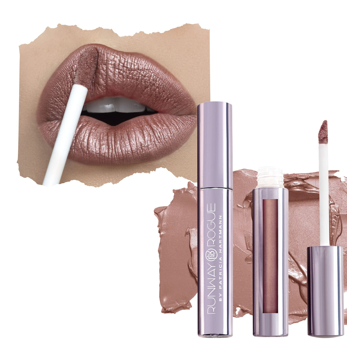 Runway Rogue Pearl Glam Long Wear Shimmer Liquid Lipstick, Metallic Cool-Toned Pink-Nude Lipstick with Silver and Gold Shimmer, ‘Soft Light’