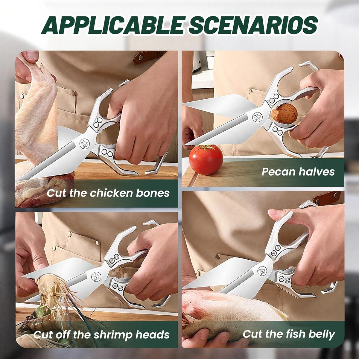 Multifunctional Heavy-Duty Kitchen Shears, Heavy Duty Kitchen Scissors for Food with Ergonomic Handle, High-Carbon Steel Culinary Shears for Chicken, Meat, Seafood, Bone Cutting (Sliver)