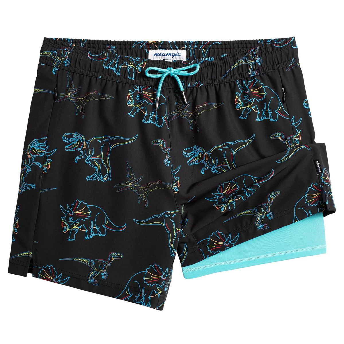 maamgic Mens Swim Trunks with Compression Liner 5" Stretch Athletic Swimming shorts Quick Dry with Zipper Pockets No-Chafing Board Shorts Black-Colorful Dinosaur XS