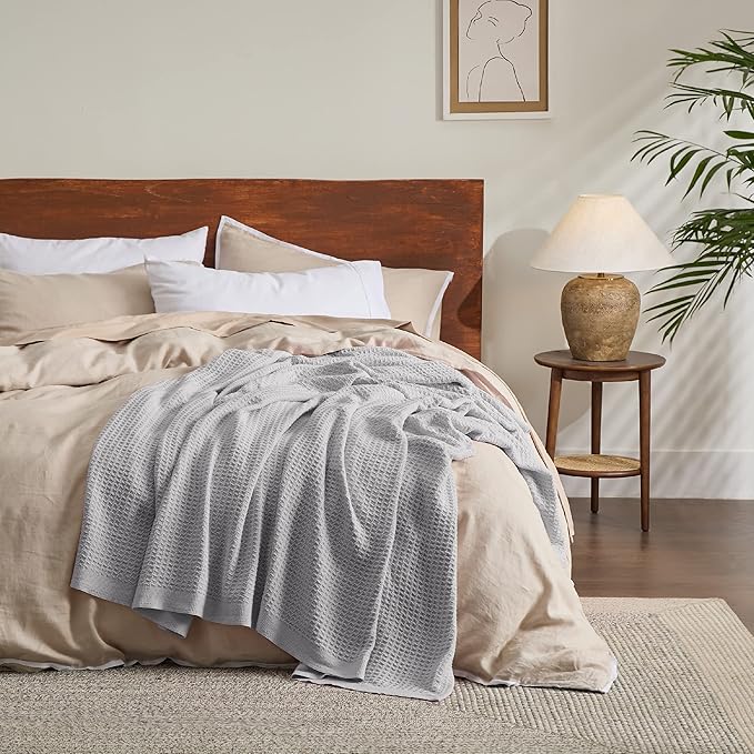 Bedsure 100% Cotton Blanket Twin XL Size for Bed - Breathable and Soft, Waffle Weave Blanket for Summer Spring, Grey, 66x90 inches