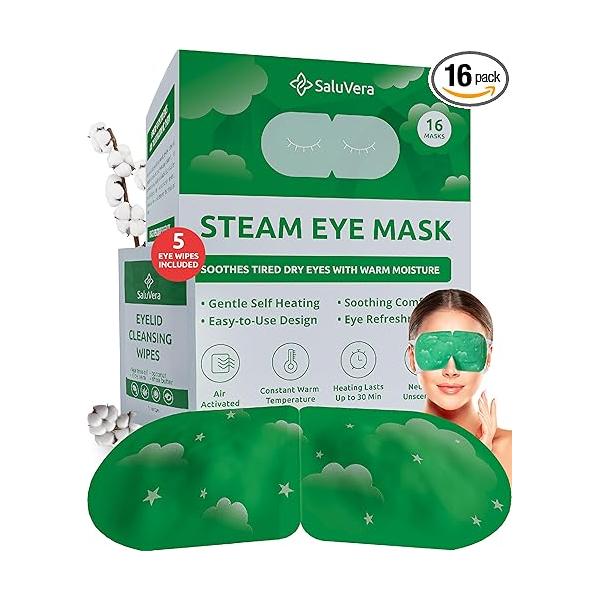 Steam Eye Mask for Dry Eyes with 5 Eyelid Cleansing Wipes, Self Heating Compress Eyes, Soothe and Relax 40-50 min Spa Mask, Warming Well-Being 16 pcs