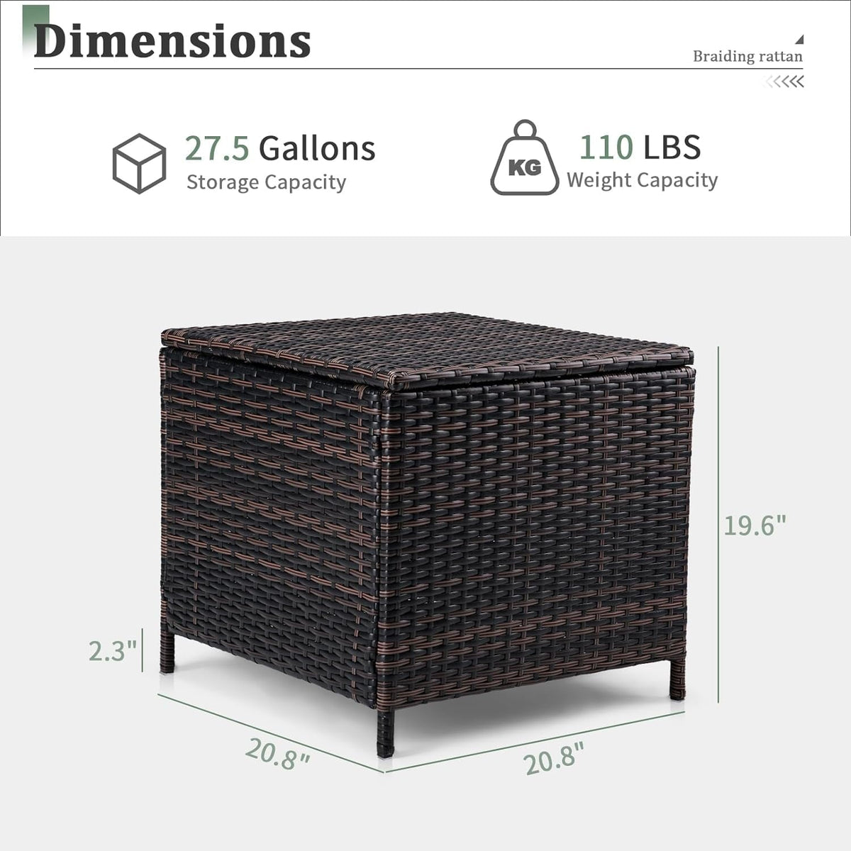 MarketLane Outdoor Side Table, Rattan Coffee Table with Storage 13 Gallon Patio Small Deck Storage Box for Cushion Towel Books, Brown Side Table with lid,Square