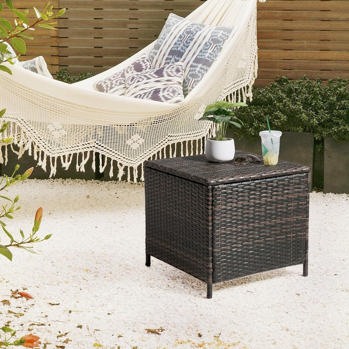 MarketLane Outdoor Side Table, Rattan Coffee Table with Storage 13 Gallon Patio Small Deck Storage Box for Cushion Towel Books, Brown Side Table with lid,Square