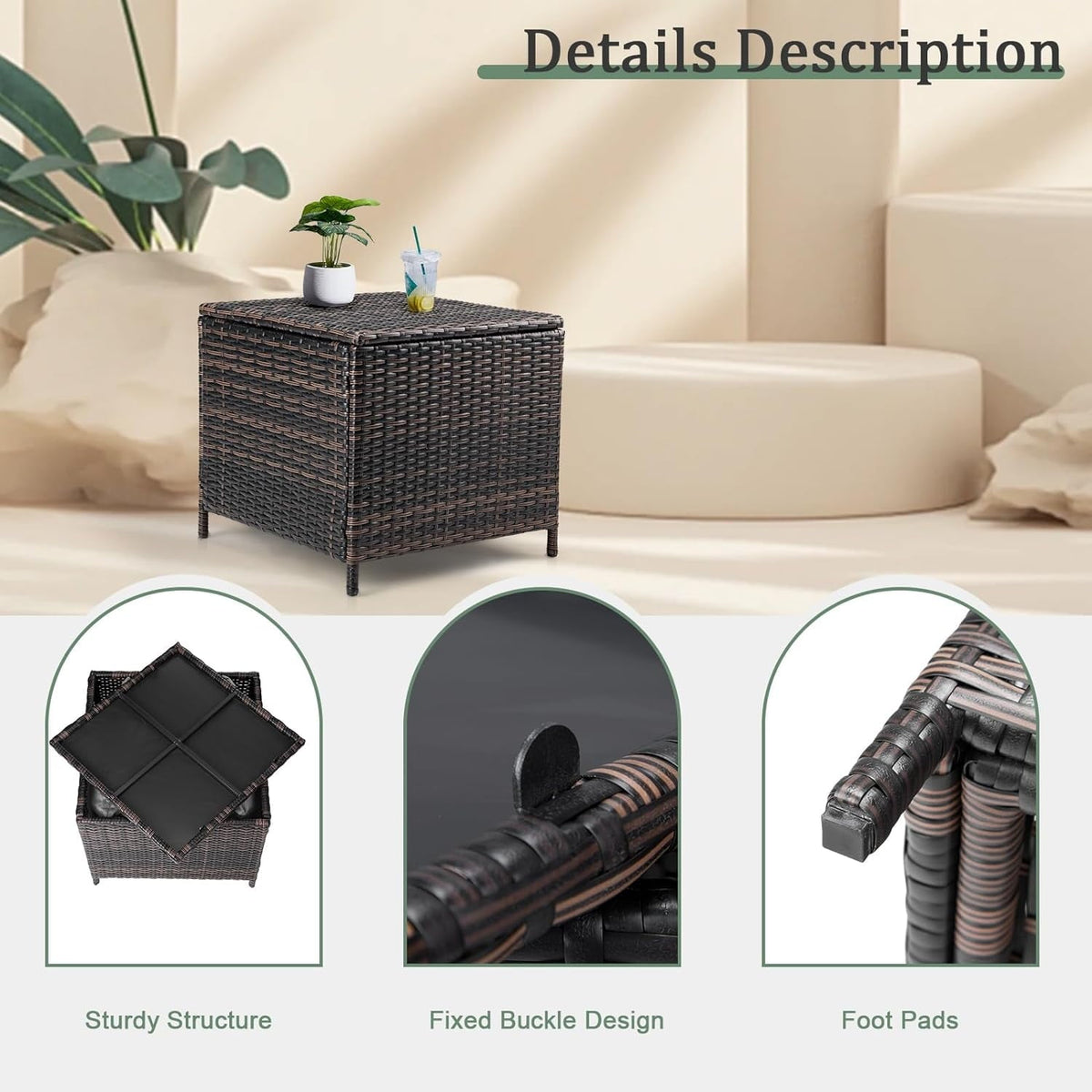 MarketLane Outdoor Side Table, Rattan Coffee Table with Storage 13 Gallon Patio Small Deck Storage Box for Cushion Towel Books, Brown Side Table with lid,Square