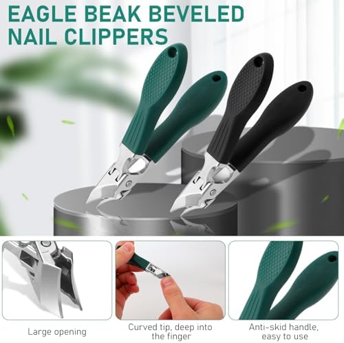 Eagle Beak Beveled Nail Clippers, Wide Jaw Opening Anti-Splash Slanted Nail Clipper Set, 2025 New Ultra Sharp Stainless Steel Nail Clippers for Thick and Ingrown Nails (Green)