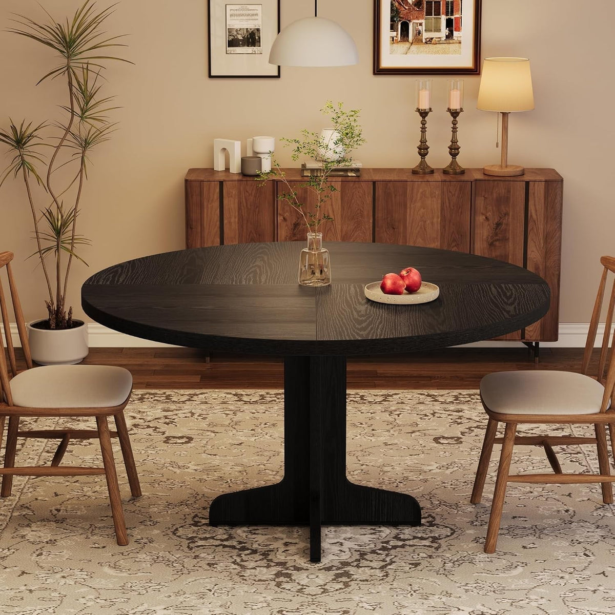 Round Dining Table for 4, 47 in Rustic Kitchen Table with Wooden Base, Sturdy Metal Frame, Multifunctional Design, Easy Assembly for Dining Room, Living Room, Farmhouse Decor