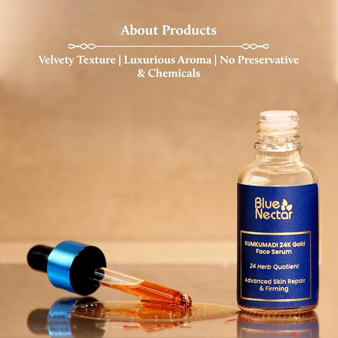 Blue Nectar 24K Gold Serum with Pure Kumkumadi Oil for Face | Ayurvedic Collagen Face Serum for Skin Tightening & Natural Radiance (24 Herbs, 0.33Fl Oz)