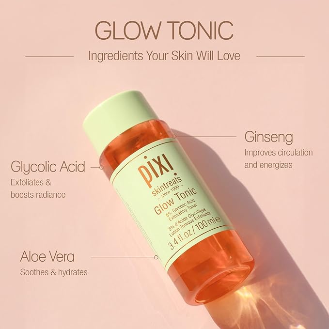 Pixi Glow Tonic Balancing Face Toner Glycolic Acid for Radiant Skin Daily Brightening Toner (3.4 fl oz / 100 ml,)
