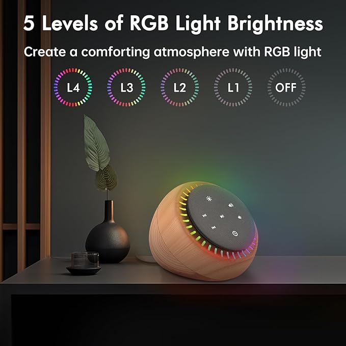 DreamSky White Noise Sound Machine with 26 Soothing Sounds & 30 Level Volume, RGB Night Light, Brown Noise for Sleeping Adults, Baby, Kids Sleep, Timer, USB-C Powered for Home Office (Wood Grain)