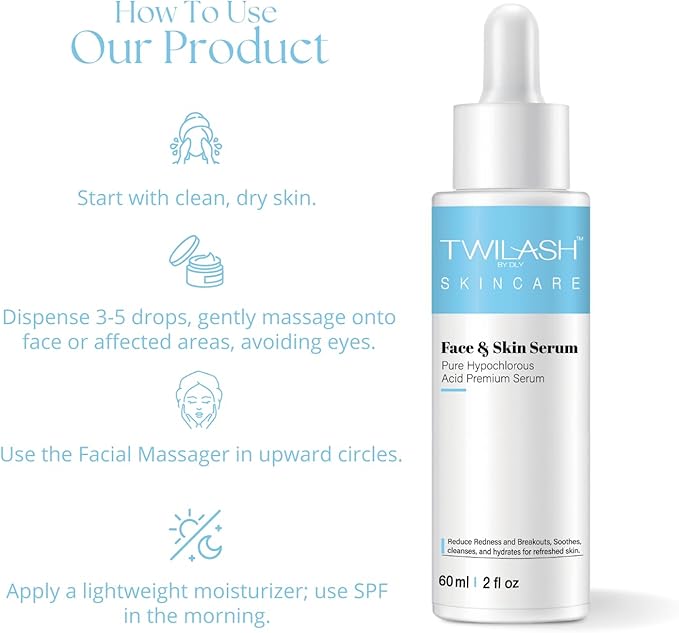 Pure Hypochlorous Acid Face & Skin Serum 2-Pack (60ml Each) – Hydrating, Calming & Redness-Reducing with Facial Massager – Gentle, Non-Irritating for Sensitive Skin – 120ml Total