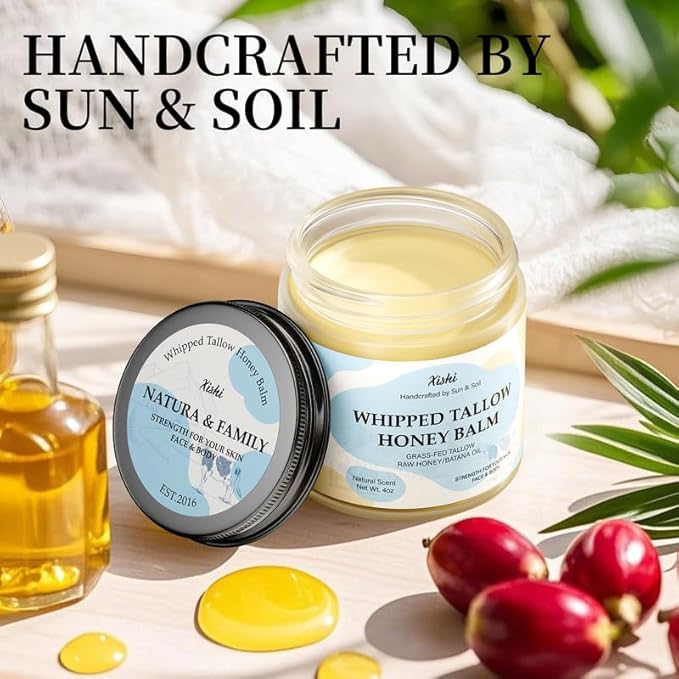 Xishi Beef Tallow for Skin, Grass-Fed Beef Tallow and Honey Balm with Raw Honey and Batana Oil, Fac & Body Moisturizer for Dry, Sensitive, Oily Skin, 4 Oz, Rich