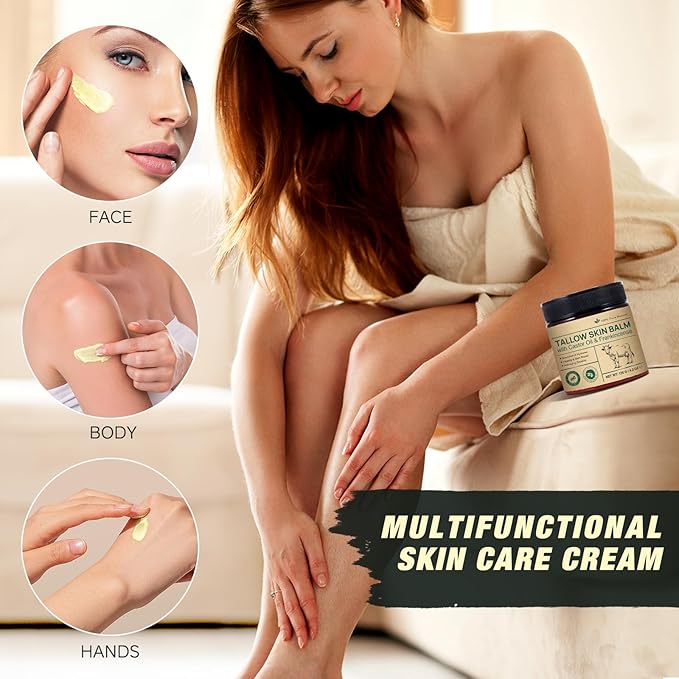Beef Tallow Skin Care with Castor Oi & Frankincenses, Grass Fed Whipped Tallow Honey Balm for Face & Body, Natural Moisturizer Hydrates, Deeply Nourishes, Enhances Natural Radiance