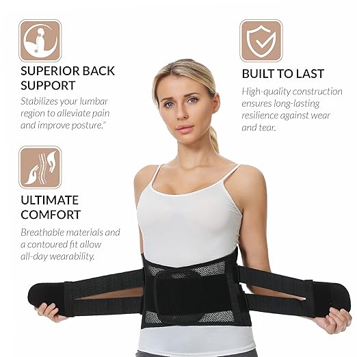 NeoTech Care Adjustable Double Pull Lumbar Brace/Lower Back Belt (Black, Size L)