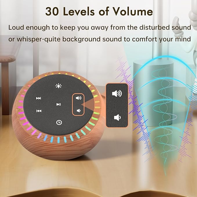 DreamSky White Noise Sound Machine with 26 Soothing Sounds & 30 Level Volume, RGB Night Light, Brown Noise for Sleeping Adults, Baby, Kids Sleep, Timer, USB-C Powered for Home Office (Wood Grain)