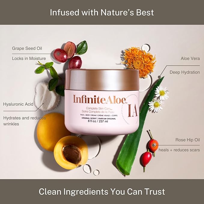 InfiniteAloe Complete Skin Care, Aloe Vera Powered Face and Body Cream for All Skin Types, Dry Skin Everyday Hero, Original Scent - 4 Large Jar 8 oz & 4 Travel Jar 0.5 oz