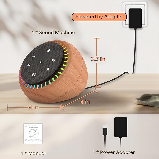DreamSky White Noise Sound Machine with 26 Soothing Sounds & 30 Level Volume, RGB Night Light, Brown Noise for Sleeping Adults, Baby, Kids Sleep, Timer, USB-C Powered for Home Office (Wood Grain)
