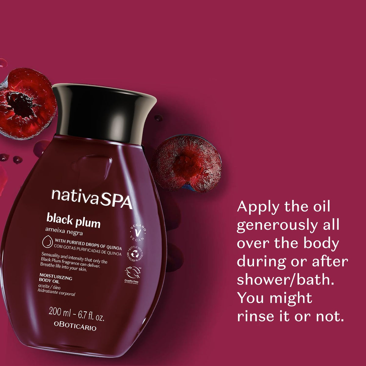Nativa SPA by O Boticário, Black Plum Body Oil, Scented Moisturizer, Enriched with Purified Quinoa Drops to Boost Hydration, 6.8 Ounce