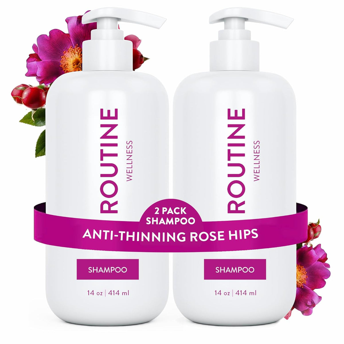 Routine Wellness Anti-Thinning Shampoo for Thinning Hair - Biotin DHT Blocker Women & Men - Color Safe Shampoo for Hair Loss & Healthy Hair - Rose Hips 14oz (Pack of 2)
