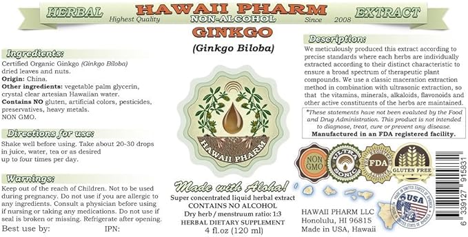 Ginkgo Alcohol-Free Liquid Extract, Organic Ginkgo (Ginkgo Biloba) Dried Leaf Glycerite Hawaii Pharm Natural Herbal Supplement 2 oz