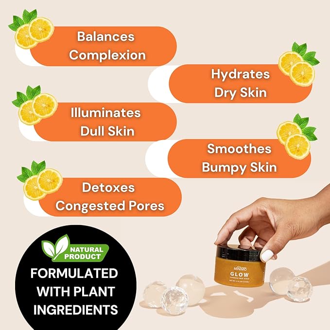 Minimo Glow Turmeric Face Scrub (Citrus Peach) - Infused with Turmeric, Manuka Honey, Cinnamon, and Chamomile - Turmeric Glow Face Scrub for All Skin Types - 5 FL OZ (147 ML)