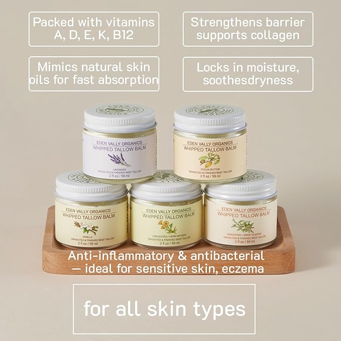 100% Grass Fed Beef Tallow Whipped Moisturizer – With Organic Lavender Oil and Olive Oil – Natural Skincare Rich in Vitamins A D E K – Soothing Hydration for Face Body Sensitive Skin and Eczema, 2 oz