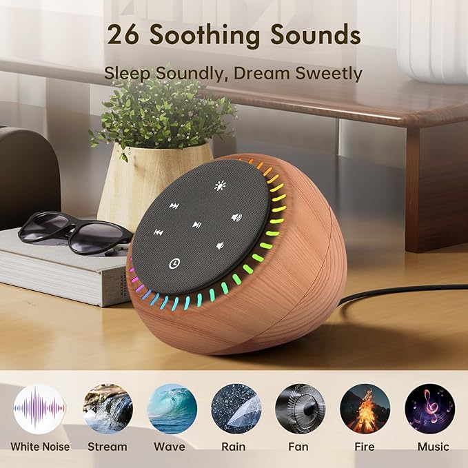 DreamSky White Noise Sound Machine with 26 Soothing Sounds & 30 Level Volume, RGB Night Light, Brown Noise for Sleeping Adults, Baby, Kids Sleep, Timer, USB-C Powered for Home Office (Wood Grain)