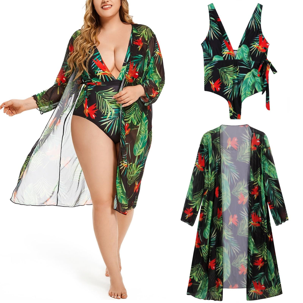 Women’s Plus Size One-Piece Swimwear With Chiffon Cover Up Print Bikini Swimsuit (XL)