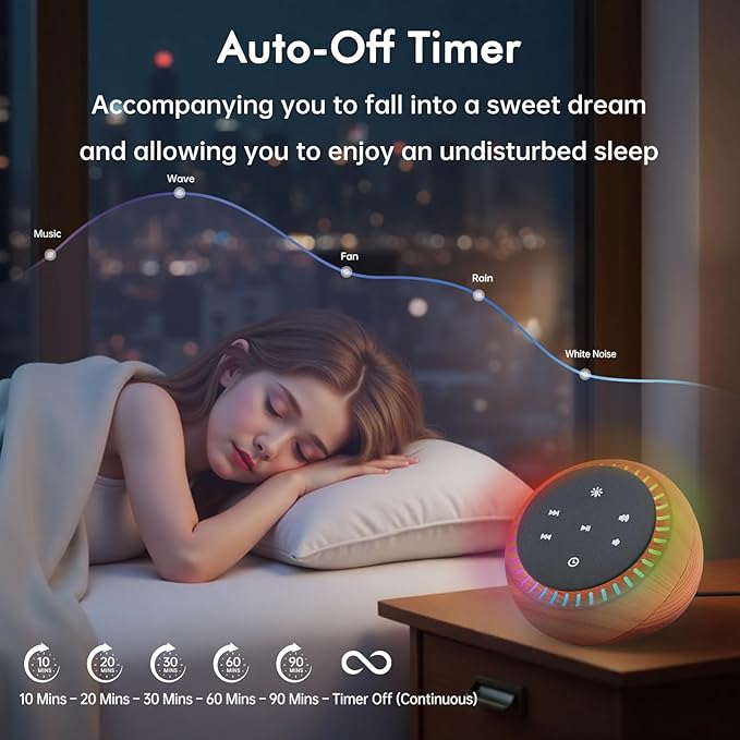 DreamSky White Noise Sound Machine with 26 Soothing Sounds & 30 Level Volume, RGB Night Light, Brown Noise for Sleeping Adults, Baby, Kids Sleep, Timer, USB-C Powered for Home Office (Wood Grain)
