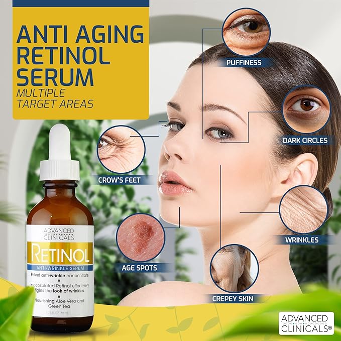 Advanced Clinicals Retinol Serum For Face | Visible Anti Aging Retinol Serum Skin Care Face Moisturizer With Vitamin E Helps Improve Look Of Wrinkles, Fine Lines, & Uneven Skin Tone, 1.75 Fl Oz